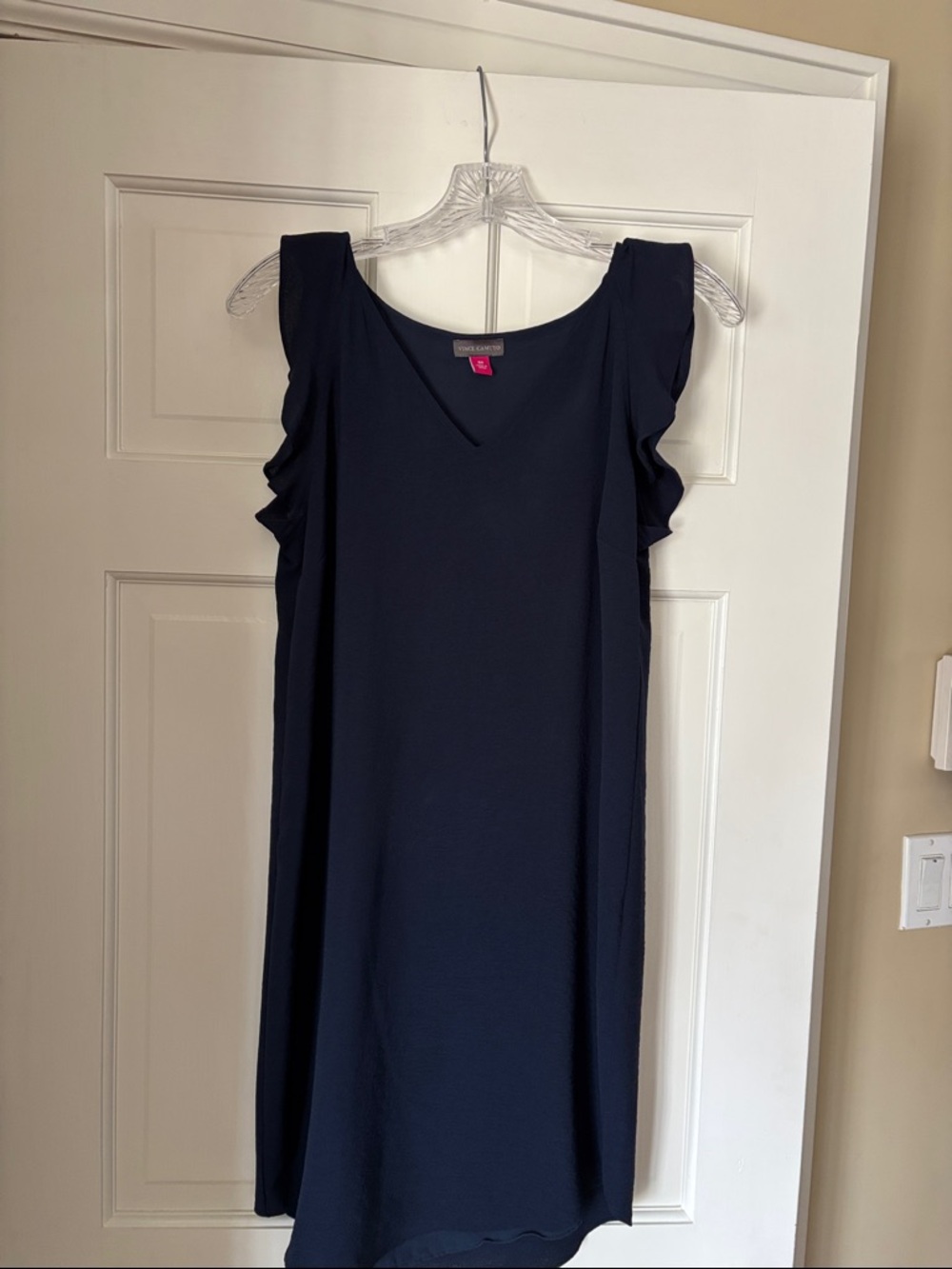 Vince Camuto Navy Ruffle Sleeve V-Neck Midi Dress
